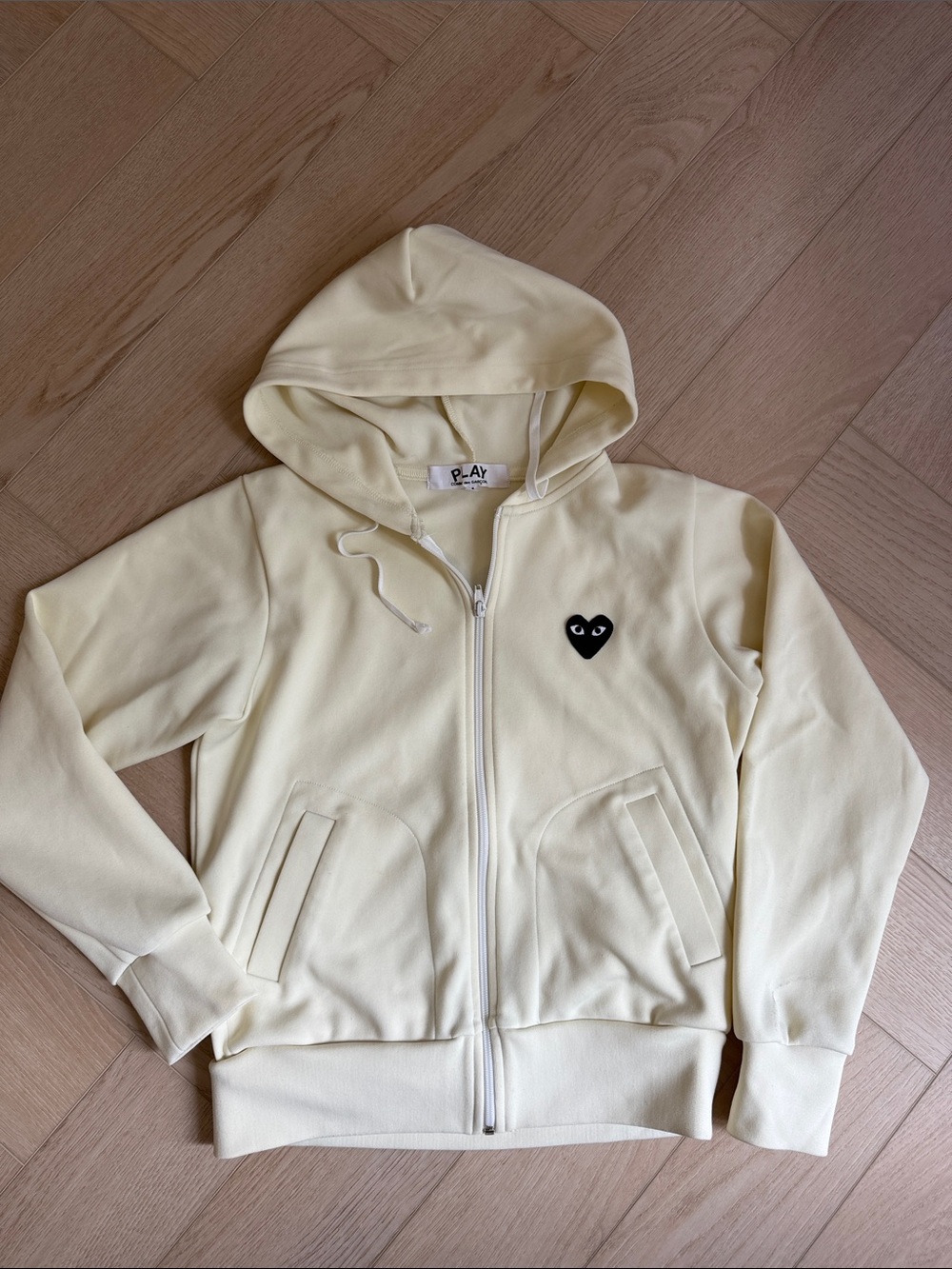 Comme des Garçons Play Cream Hoodie with Label Detail